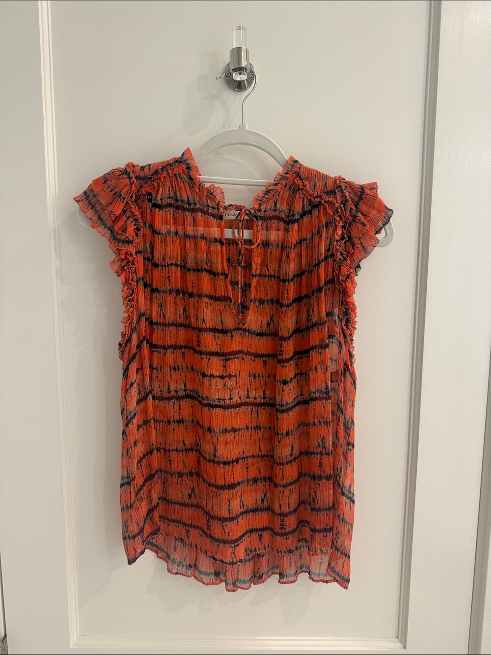 Ulla Johnson Coral and Black Ruffled Tie-Neck Blouse - Picture 4 of 4
